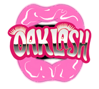 a pink logo with the word oaklash on it